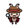 The cute ladybug animal cartoon character becomes a detective holding a magnifying glass and a hat Royalty Free Stock Photo