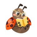 Cute Ladybug Character with Spotted Wings Reading Book Vector Illustration
