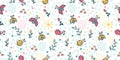 Cute ladybug seamless pattern. Ladybird cartoon character childrens illustration. Lady-beetle floral summer vector pattern with Royalty Free Stock Photo