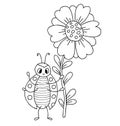 Cute ladybug. Small insect with large flower. Vector illustration. Outline hand drawing. doodle ladybird character for Royalty Free Stock Photo