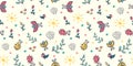Cute ladybug with sun, plants seamless pattern. Ladybird cartoon character childrens illustration. Lady-beetle floral summer