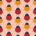 Cute ladybugs hand drawn vector illustration. Adorable insect character in flat style. Ladybird seamless pattern. Royalty Free Stock Photo