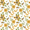 Cute ladybugs and simple flowers. Vector Botanical seamless background for baby cloth, paper, scrapbooking and more Royalty Free Stock Photo