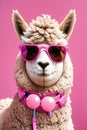 Cute lama alpaca with bubblegum in trendy pink background. ai generative Royalty Free Stock Photo