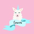 Cute Lama cartoon with blue ribbon on white background. Love the llama.For poster, greeting card,invitation,child room