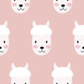 Cute lama face seamless pattern, alpaca muzzle, head. Cartoon vector illustration. Girl texture, background, wallpapers, ornament Royalty Free Stock Photo