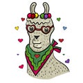 Cute Lama faces. Happy Valentine`s Day. Lama with heart and glasses. Llama Alpaca. The sweet feeling of love.