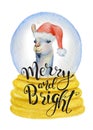 Cute lama in Santa hat inside Christmas globe watercolor hand drawn merry christmas illustration Royalty Free Stock Photo
