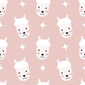 Cute lama seamless pattern, animal muzzle, head. Cartoon vector illustration. Kid texture, background, wallpapers, ornament. Royalty Free Stock Photo