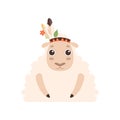 Cute Lamb Animal Wearing Indian Traditional Tribal Headdress with Feathers, Leaves and Flowers Vector Illustration Royalty Free Stock Photo