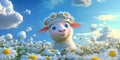 Cute Lamb in Daisy Field Spring Sky Background Royalty Free Stock Photo