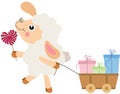 Cute lamb eating lollipop pulling wooden small cart with gifts