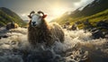 A cute lamb grazes on a green mountain meadow at sunset generated by AI