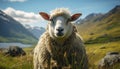 Cute lamb grazing in green meadow with mountain backdrop generated by AI