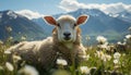 Cute lamb grazing in green meadow, surrounded by mountain peaks generated by AI