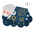 Cute lamb sleep on cloud under blanket. Sweet dream illustration