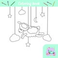 Cute lamb and stars. Coloring page with color example. A simple coloring game for preschoolers. Cartoon character of an animal