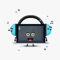 Cute laptop mascot listening to music