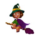 Cute Latina Girl Witch on the Broom. Happy Halloween. Trick or Treat, Cartoon Illustration. Royalty Free Stock Photo