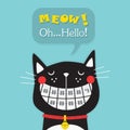 Cute laughing black cat head with funny orthodontics teeth icon