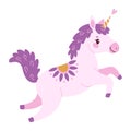 Cute lavender magical unicorn. Hand drawn flat style magical pony