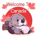 Cute lazy beaver canadian symbol kawaii character social media post mockup. Welcome to Canada typography. Poster, card template