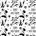 Cute lazy cat seamless vector pattern. Spotted black and white kitten yawns. Sleepy pet, nice domestic animal. Sorry