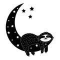 Cute lazy character sleeping on the Moon, black stencil, isolated illustration