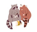 Cute lazy fat raccoons eating food. Funny racoons couple overeating with popcorn. Adorable amusing chunky full animals