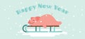 Cute lazy pig lying on a winter slide. Merry Christmas and happy new year vector design. illustration design Royalty Free Stock Photo