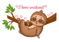 Cute lazy sloth hanging relax rest on branch tree. Funny tropical jungle baby animal. Cartoon character. Slow exotic mammal vector Royalty Free Stock Photo