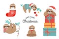 Cute sloths, funny Christmas illustrations with Santa Claus costumes, hat and scarfs, greeting cards set, banner