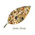 Cute leaf shape logo from nuts, dried fuits, grains and cereals. Unusual design for eco food shop or green store. Vector