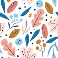 Cute Leaves and Berries Seamless Pattern