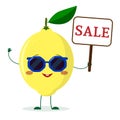 Cute lemon cartoon character in sunglasses keeps a sale sign.