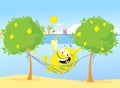 Cute Lemon Character Have a Rest in Hammock on the Beach - Vector