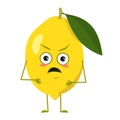 Cute lemon characters with angry emotions, face, arms and legs. Spring or summer decoration. The funny or grumpy hero