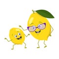 Cute lemon characters with emotions, face. Funny grandmother and grandson with arms and legs. Spring or summer