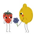 Cute Lemon Giving Bouquet of Flowers to Ripe Strawberry, Cheerful Berry and Citrus Fruit Characters with Funny Faces