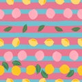 Cute lemons seamless pattern design on pink blue stripes background