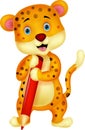 Cute leopard cartoon holding red pencil