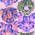 Cute leopard, cheetah, jaguar muzzles graphic background. Creative watercolor illustration with exotic wild animal in pop art