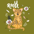 Cute leopard flat hand drawn illustration. Cheetah, jaguar character with lettering. Jungle, rainforest, savannah animal