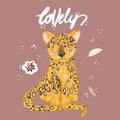 Cute leopard flat hand drawn illustration. Cheetah, jaguar character with lettering. Jungle, rainforest, savannah animal Royalty Free Stock Photo