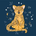 Cute leopard flat hand drawn illustration. Cheetah, jaguar character with lettering. Jungle, rainforest, savannah animal Royalty Free Stock Photo