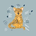 Cute leopard flat hand drawn illustration. Cheetah, jaguar character with lettering. Jungle, rainforest, savannah animal Royalty Free Stock Photo