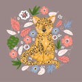 Cute leopard flat hand drawn illustration. Cheetah, jaguar character with lettering. Jungle, rainforest, savannah animal