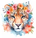 Cute leopard head painting with boho floral wreath. Jungle animal watercolor illustration on white background Royalty Free Stock Photo