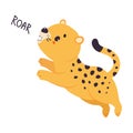 Cute Leopard or Jaguar Cub Jumping and Roaring Vector Illustration