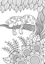 Cute leopard is lying on tree doodle coloring book page. Black and white vector zentangle illustration.